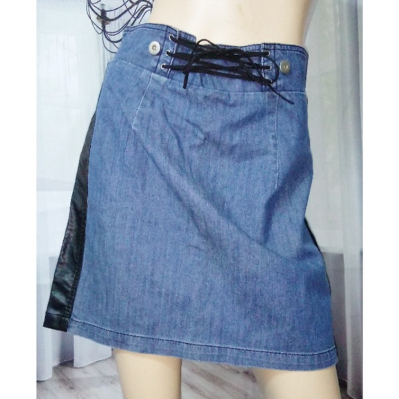 High waist denim jean corset leather panel skirt - Picture 3 of 6